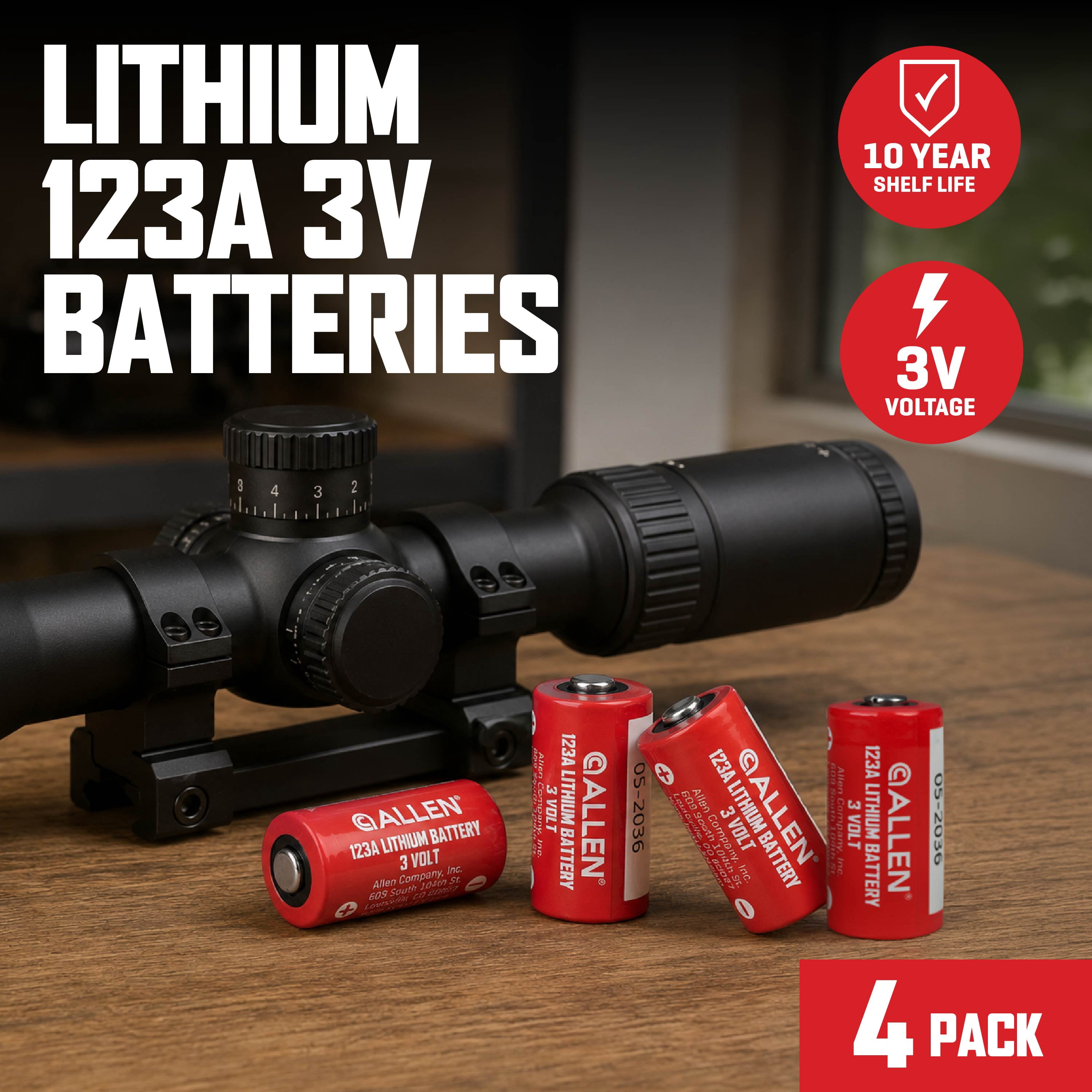 Allen Company CR123A 3V Lithium Batteries, High Performance, 4 Pack