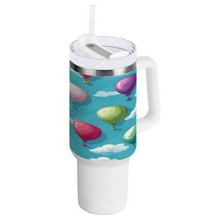 

40 Oz Car Handle Water Bottle 10.8x3.85 Inch Handle And Straw Travel Water Bottle Reusable Stainless Steel Water Bottle The Sky and Colored Balloons