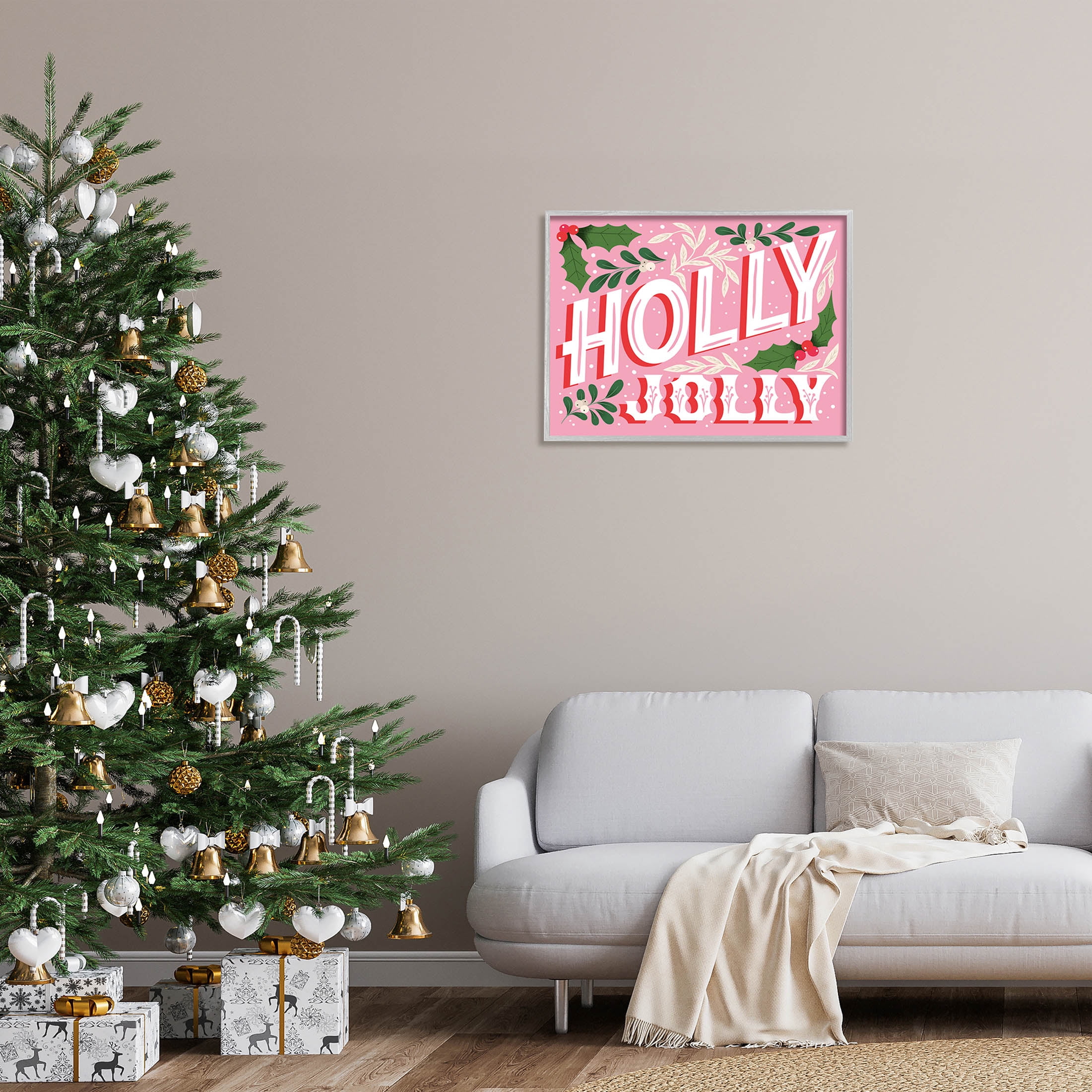 Stupell Industries Bold Pink Holly Jolly Phrase Graphic Art Gray Framed Art Print Wall Art, Design by The Saturday Evening Post