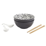 INFUSE 8 Piece Set Large Stoneware Ramen Bowl Noodles Pho Soup Dinner with Chopsticks Plates/Lids, Gray Leaves