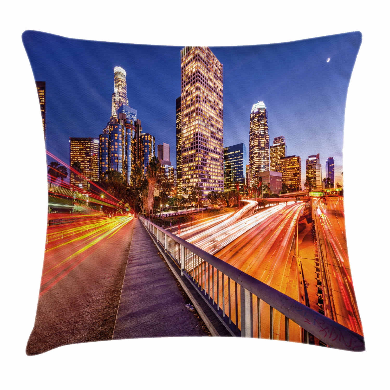 Night Throw Pillow Cushion Cover, USA Downtown City Skyline over the
