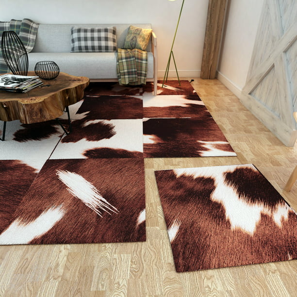 Artyzio Modern Faux Animal Print Rug Tiles, Stick and Peel Carpet Squares,  48 Piece Set, 9' x 13' Feet, Brown 