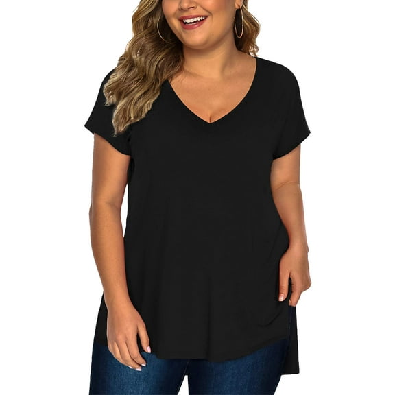 Fancyglim Womens Plus Size Tops Short Sleeve High Low Shirts(Black 1X)