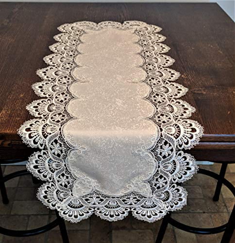 Doily Boutique Table Runner with Gold European Lace and Antique Fabric Size 34 x 15 inches