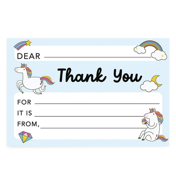 Koyal Wholesale Kids Fill in the Blank Thank You Cards - 20 Cards Including Envelopes Rainbows Unicorn, For Party Guests