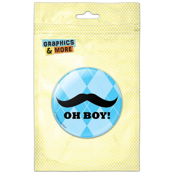 Oh Boy Mustache Blue Argyle Baby Boy Shower Pinback Button Pin Badge