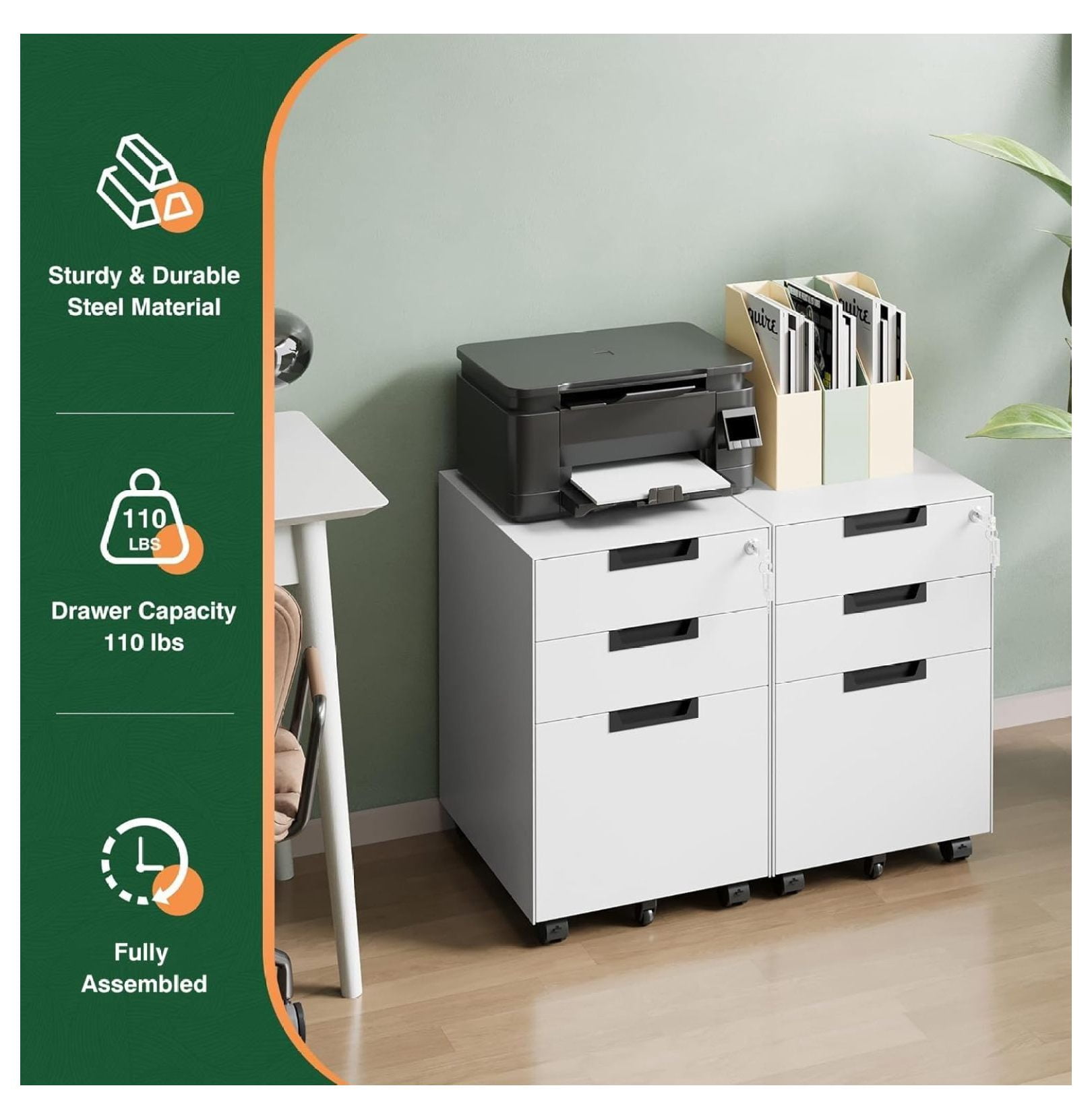 WDZS 3 Drawer Mobile File Cabinet with Lock,Under Desk Metal Small Filing Cabinets for Home Office Organizer Letters/Legal/A4(Fully Assembled Except Wheels-White)