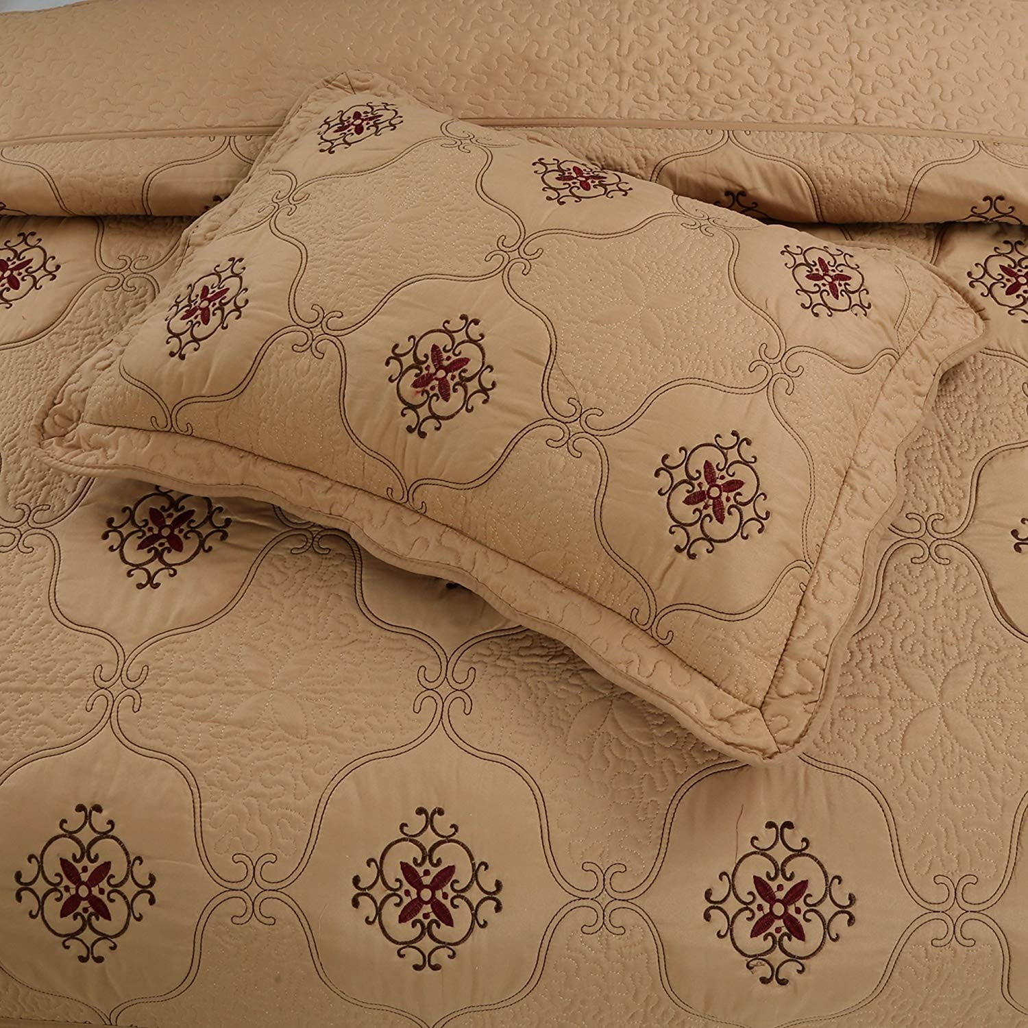 MarCielo 3-Piece Fully Quilted Embroidery Quilts Bedspreads Bed Coverlets Cover Set, Burgundy, Brown, Emma(Queen Size, Taupe)