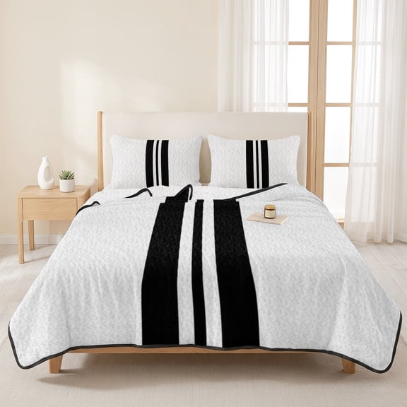 Minimalist Abstract Geometric Art 3 Pieces Quilt Set,1 Quilt with 2 Shams,Black Line Stripes on White Bedspread Soft Lightweight Bedding Coverlet Comforter Set for All Season 96"x106"