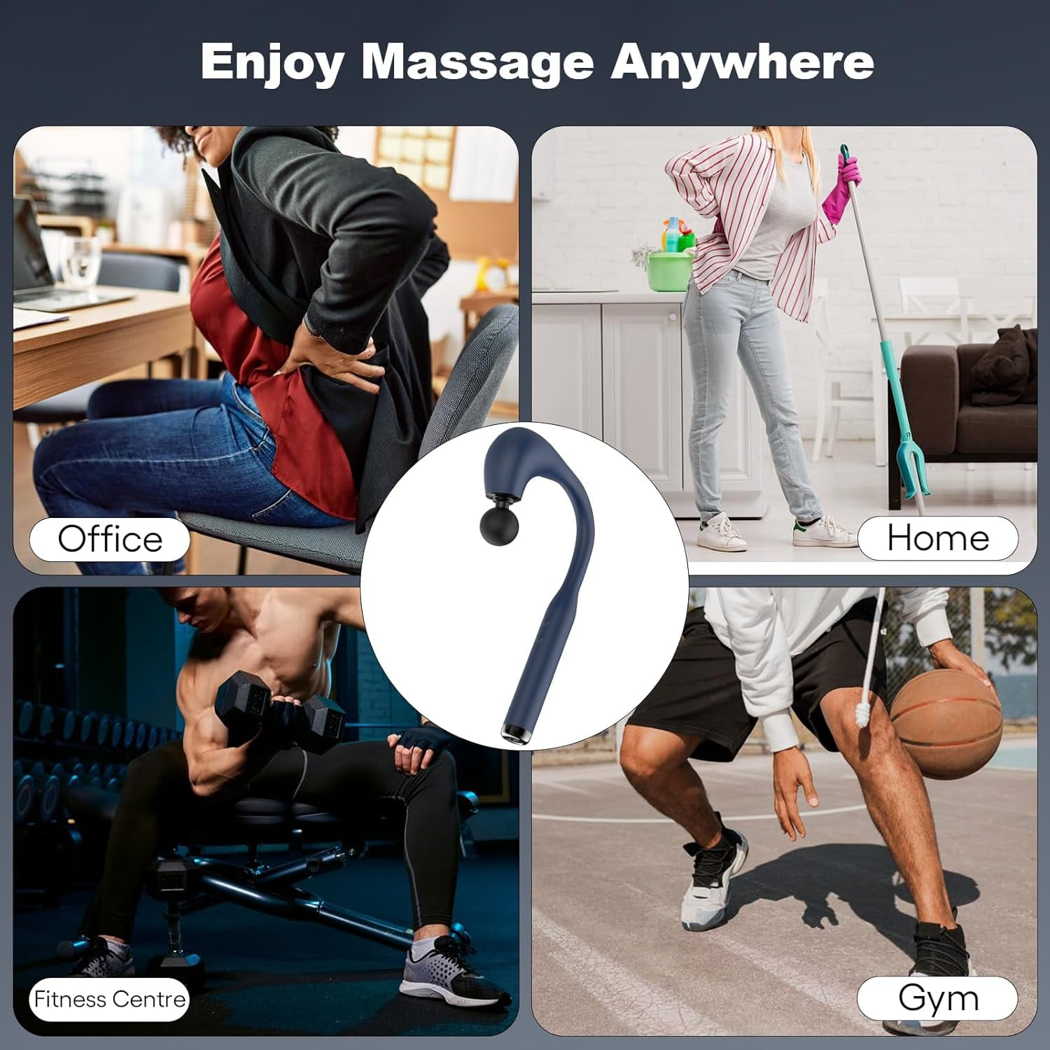 Deep Tissue Massage Gun with Extended Handle U-Shaped Back Massager for Neck Shoulder Leg - Dark Blue