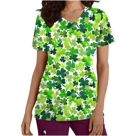 

CYMMPU Women s V-Neck Pocketed Scrub_Tops Nurse Workwear Uniform Clearance Going out Tops Summer Tees Short Sleeve Shirts Trendy St. Patrick s Day Tunic Green Clover Graphic Fashion Tshirts Green XL