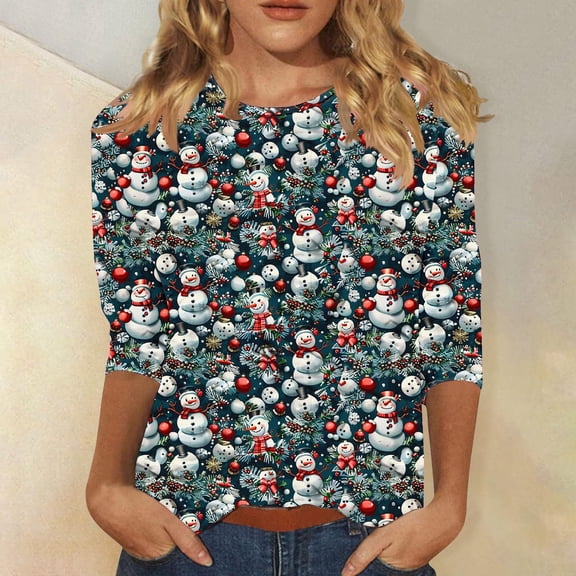 asdoklhq Christmas Womens Tops Fashionable Women's Pullover Printed Casual Round Neck 3/4 Sleeve Top Light Blue L