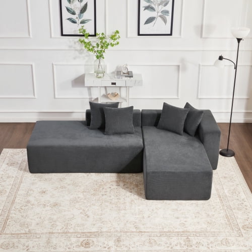 Howcool 101-inch L-shaped modular sofa with deep seat design, no assembly required, high-density foam filling with high-carbon steel wrapped springs,-loung bed, ,Dark gray