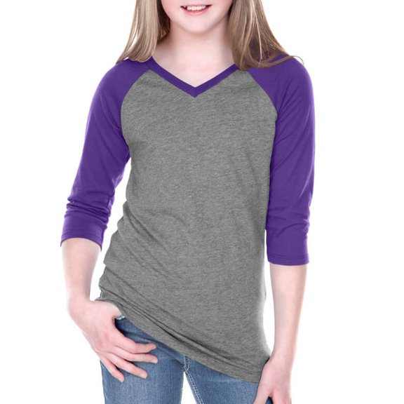 Kavio! Big Girls 7-16 Sheer Jersey Contrast V Neck Raglan 3/4 Sleeve Dark H.Gray/Grape XL