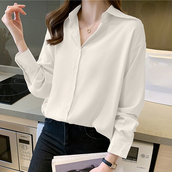 HOWPAY Dress Shirts for Women Long Sleeve Button down Collared Tops Solid Color Stretch Loose Dressy Casual Lightweight Fall Clothes Beige L