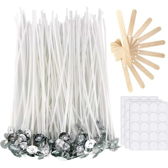 ZHUYING Candle Wicks 100 Pcs 6 inch with 30Pcs Candle Wick Stickers and 10 Pcs Wooden Candle Wick Centering Device for Soy Beeswax Candle Making and Candle DIY