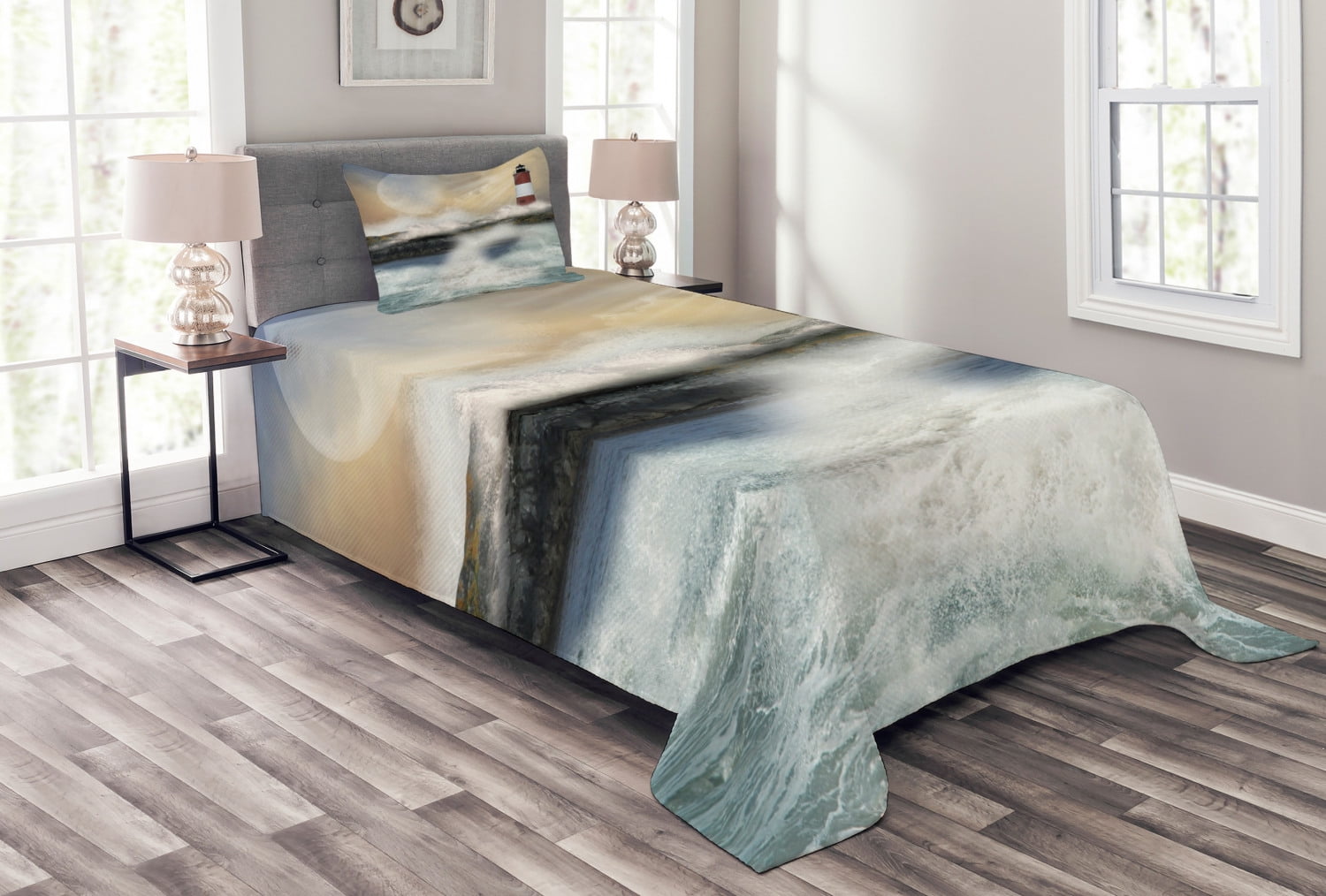 Lighthouse Bedspread Set Twin Size, Oil Painting Style Artwork of