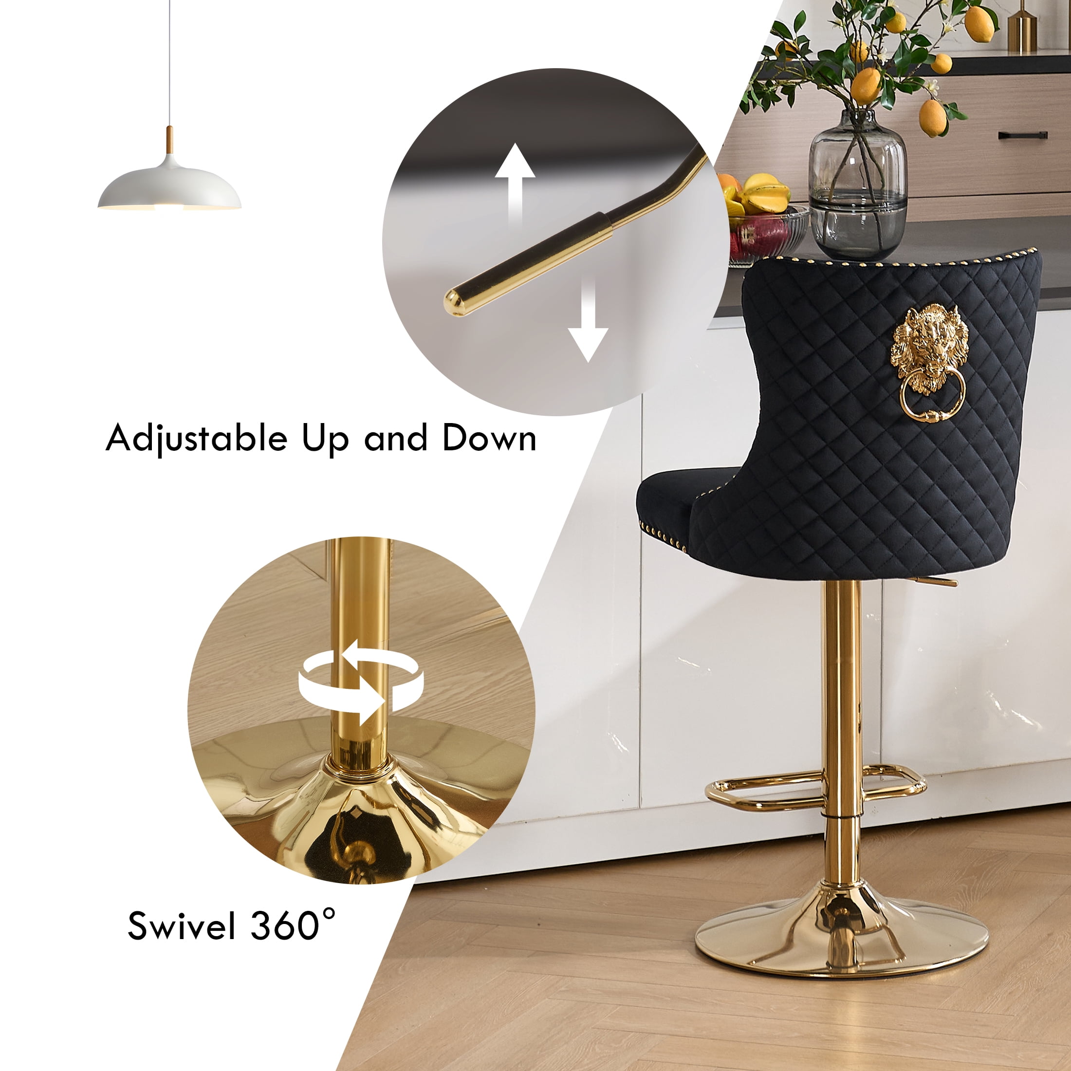 Velvet Gold Bar Stools Set of 2 Modern Counter Height Bar Stools with Lion Pull Ring Tufted Back, Nailhead Upholstered Barstools for Home Kitchen Island, Swivel Adjustable Stool Chair in Black