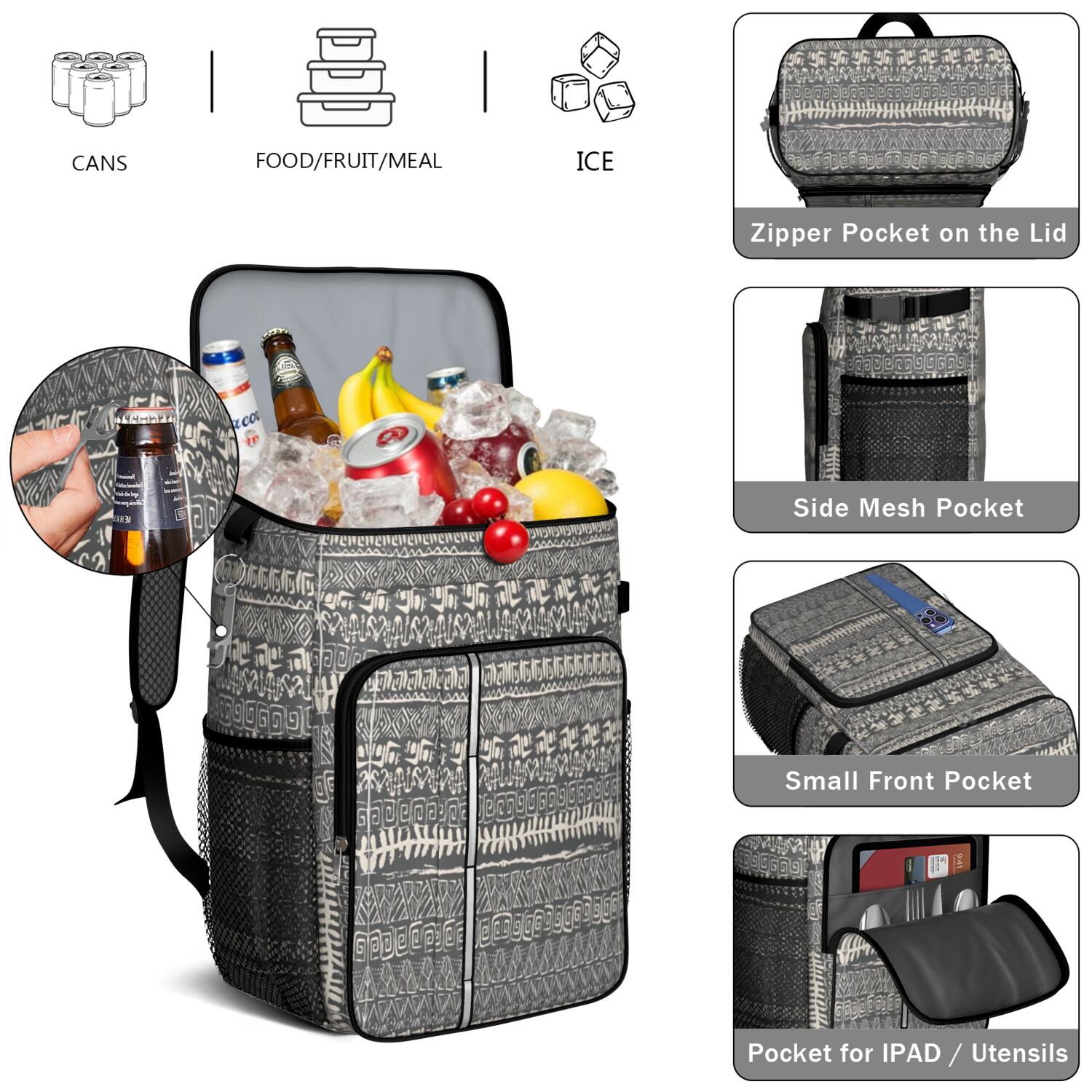 Travel Cooler Bag - Boho Bohemia Pioneer Flower Geometric Line Art Camping Beer Cooler Backpack with Bottle Opener- Waterproof Insulated Picnic Backpacks - Cooler Bag for Beach