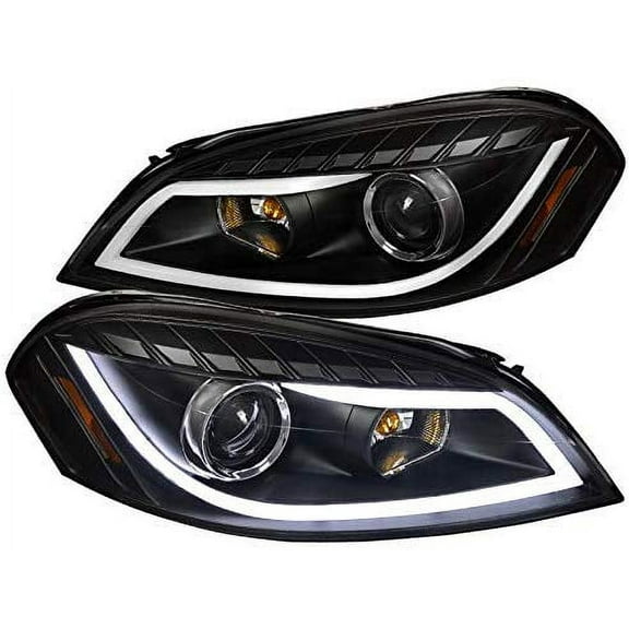 DRL LED Light Bar Strip Projector Headlight Head Lamp Replacement in Black Housing Clear Lens Made For And Compatible With 2006 - 2013 Chevy Chevrolet Impala 06 07 08 09 10 11 12 13