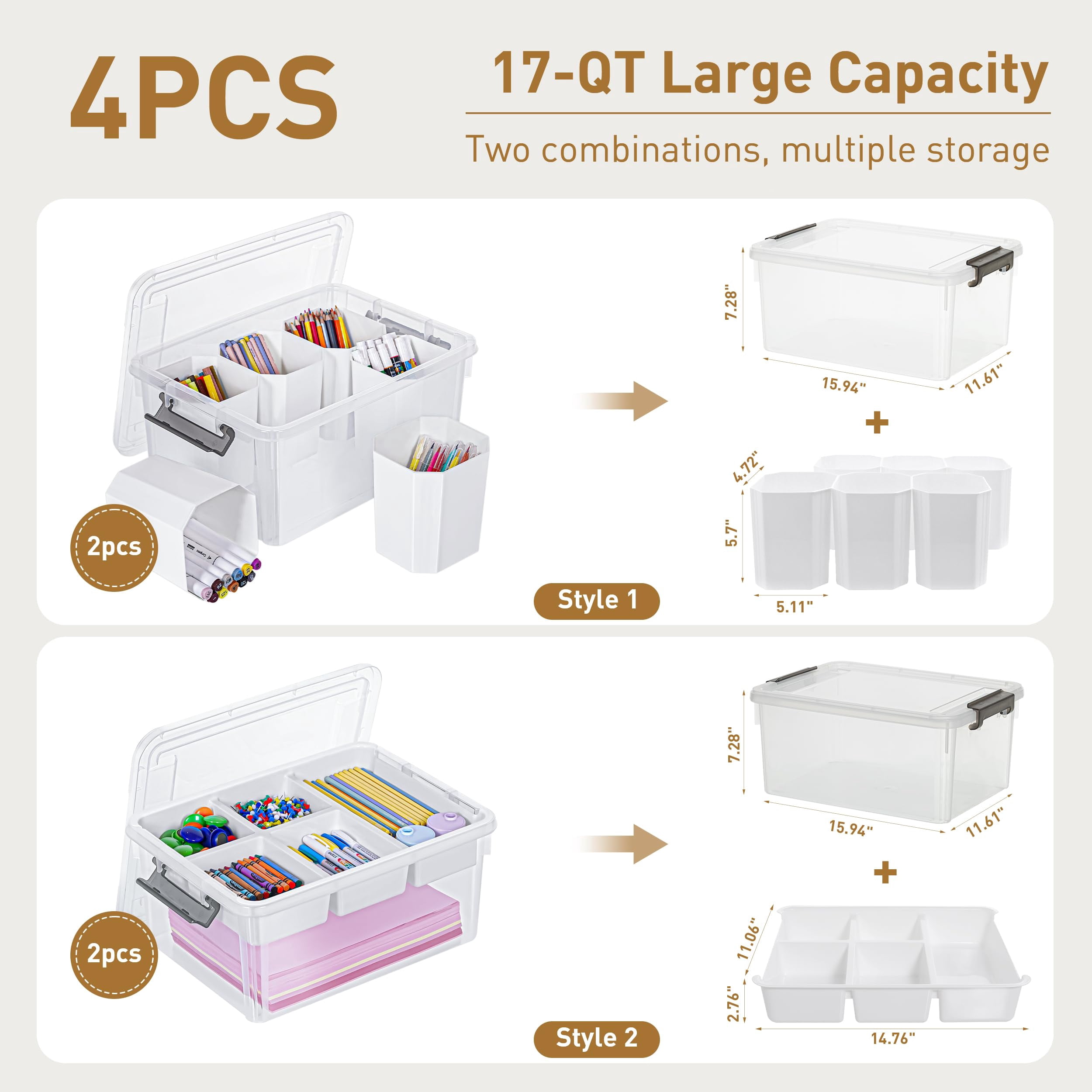 17 Qt Plastic Storage Box With Removable Tray And 6 Detachable Tall Inserts Craft Organizers Clear Container For Organizing Crayon  Sewing Playdoh 4 Packs