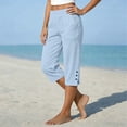thumbnail image 4 of DLIDG Womens Cotton Linen Capri Shorts Elastic Waist Petite Capris Casual Straight Leg Pants with Pockets Bermuda Button Casual Shorts Knee Length Loose Slacks Beach Vacation Trousers Light Blue Xl, 4 of 6