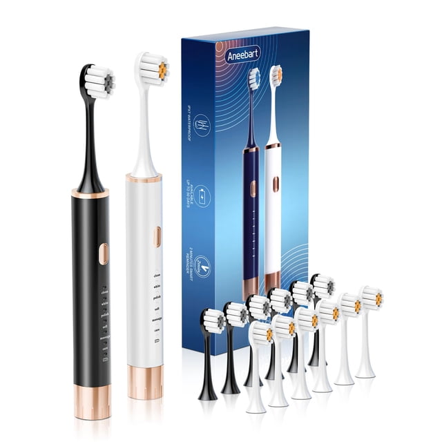 Aneebart Sonic Cepillo de dientes eléctrico, paquete de 2, cepillo de dientes eléctrico para adultos, cepillo de dientes eléctrico de viaje incluye 12 cabezales de cepillo, IPx8 impermeable (blanco y