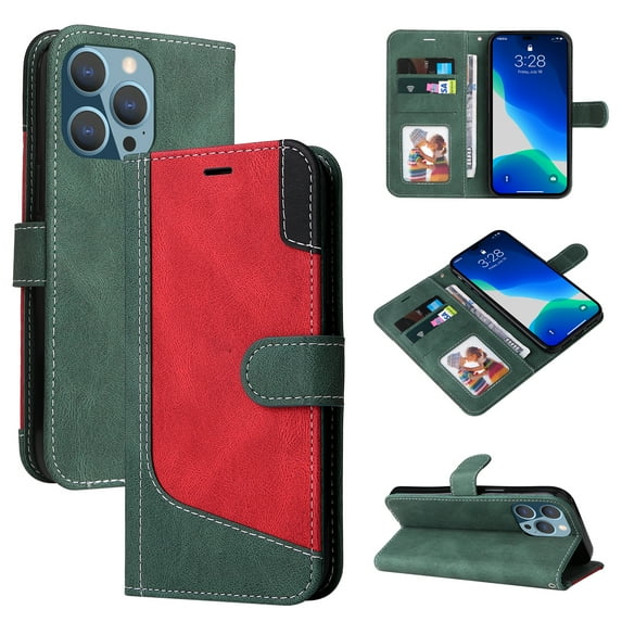 Wallet Case for iPhone 13 Pro, Buisiness Luxury PU Leather Credit Card Slots Holder Kickstand Magnetic Clasp Phone Cover with Soft Silicone Inner Shockproof Drop Resistant Case,Green