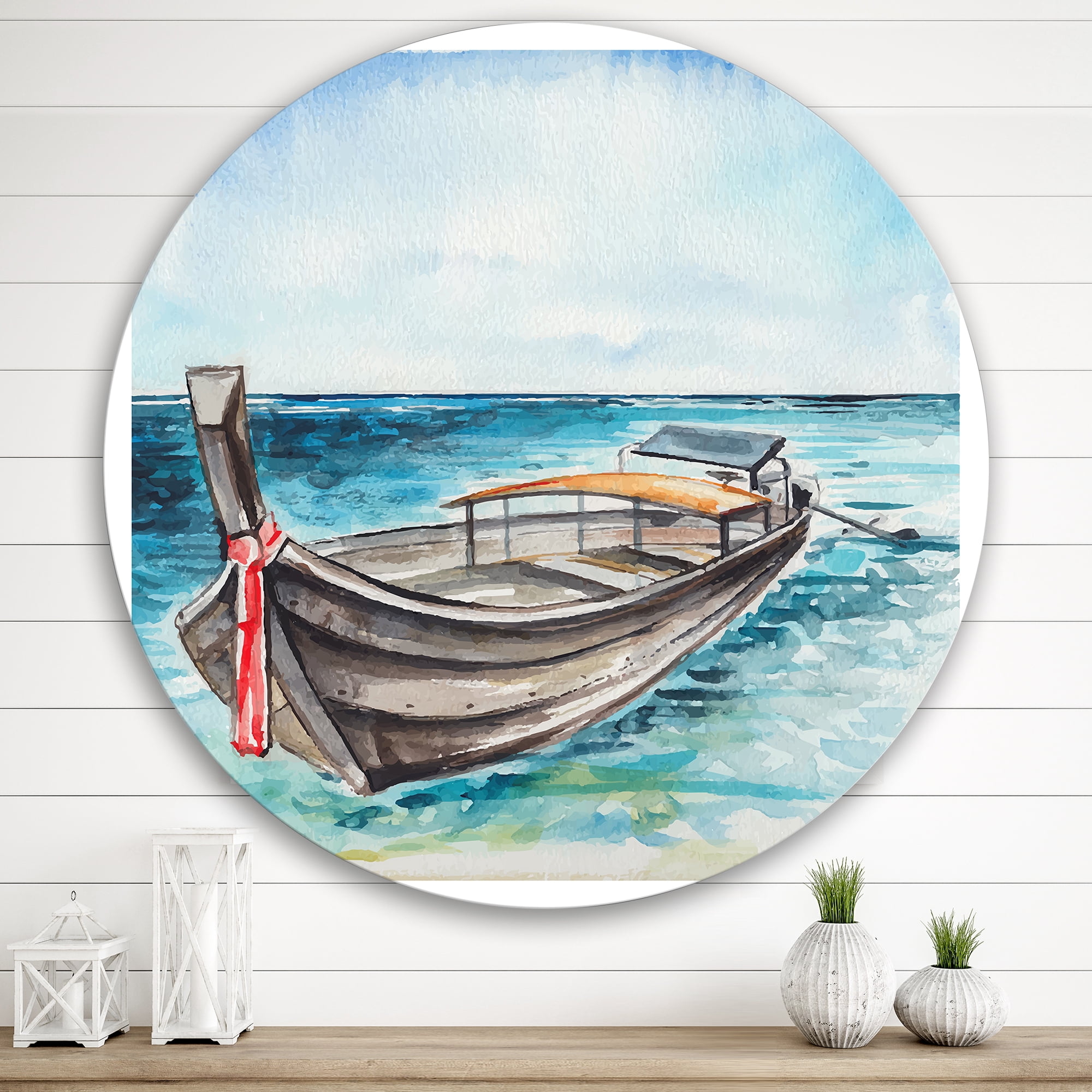 Designart 'Little Boat At The Lake Shore' Nautical & Coastal Circle Metal Wall Art 29x29 - Disc of 29