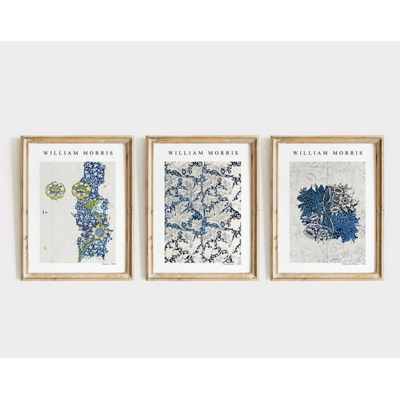 Luvia Set Of 3 Blue Prints, Vintage Botanical, Museum Exhibition Posters, Unfinished Textile Designs, Modern Wall Decor Set 3 Prints 8x12 UNFRAMED