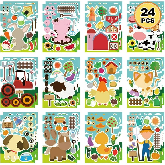 24 Sheets Animal Make-a-Face Sticker, 12 Designs DIY Craft Stickers for Kids, Farm Themed Birthday Party Favors, Classroom Rewards & Teacher Supplies