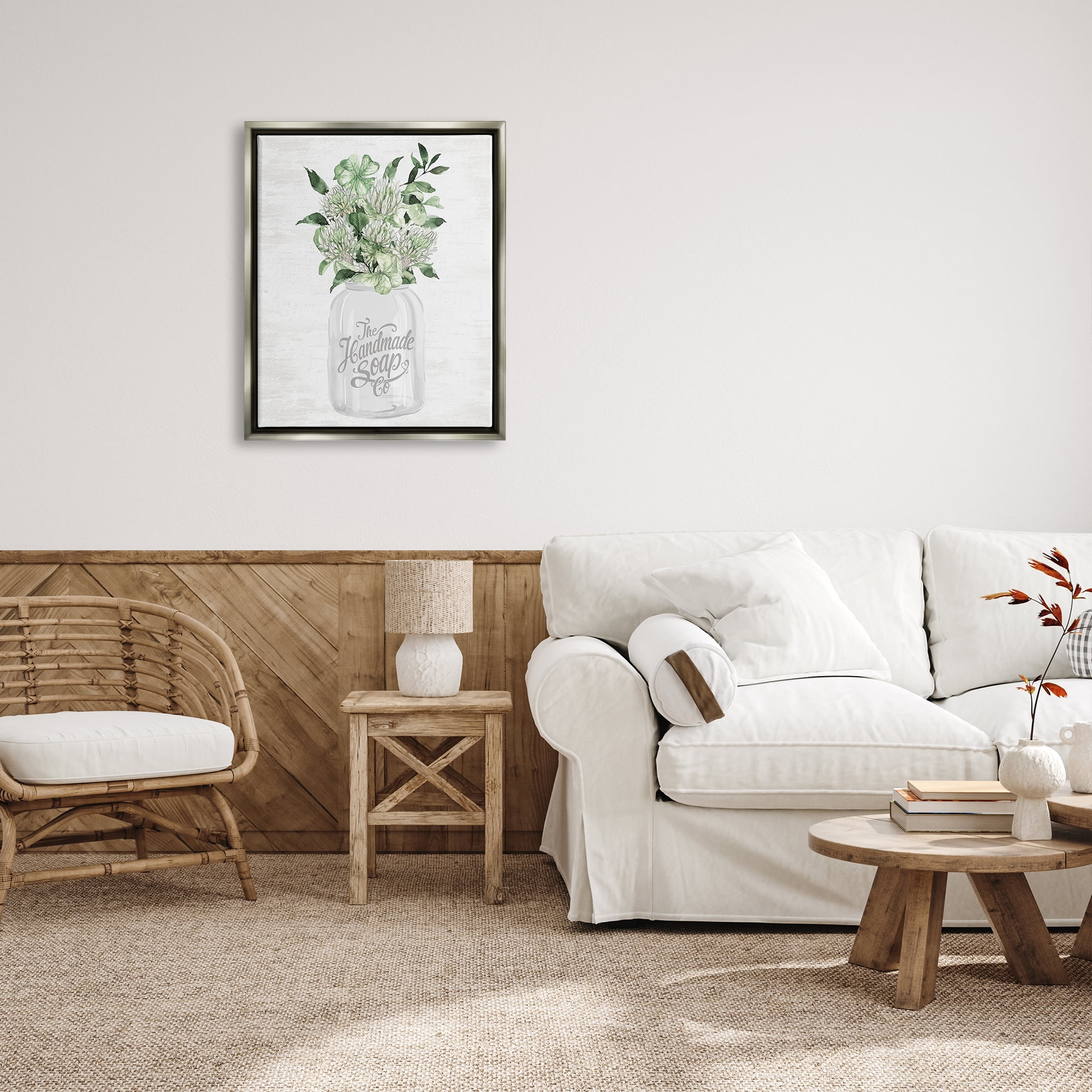 Stupell Industries Herbal Blooms in Jar Botanical & Floral Painting Gray Floater Framed Canvas Art Print Wall Art, 25 x 31