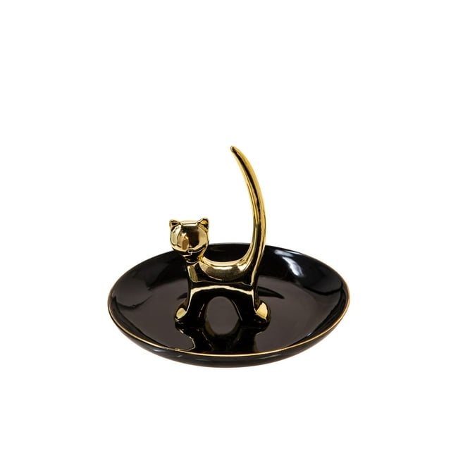 Sagebrook Home Ceramic 6" Cat Trinket Tray, Black/Gold