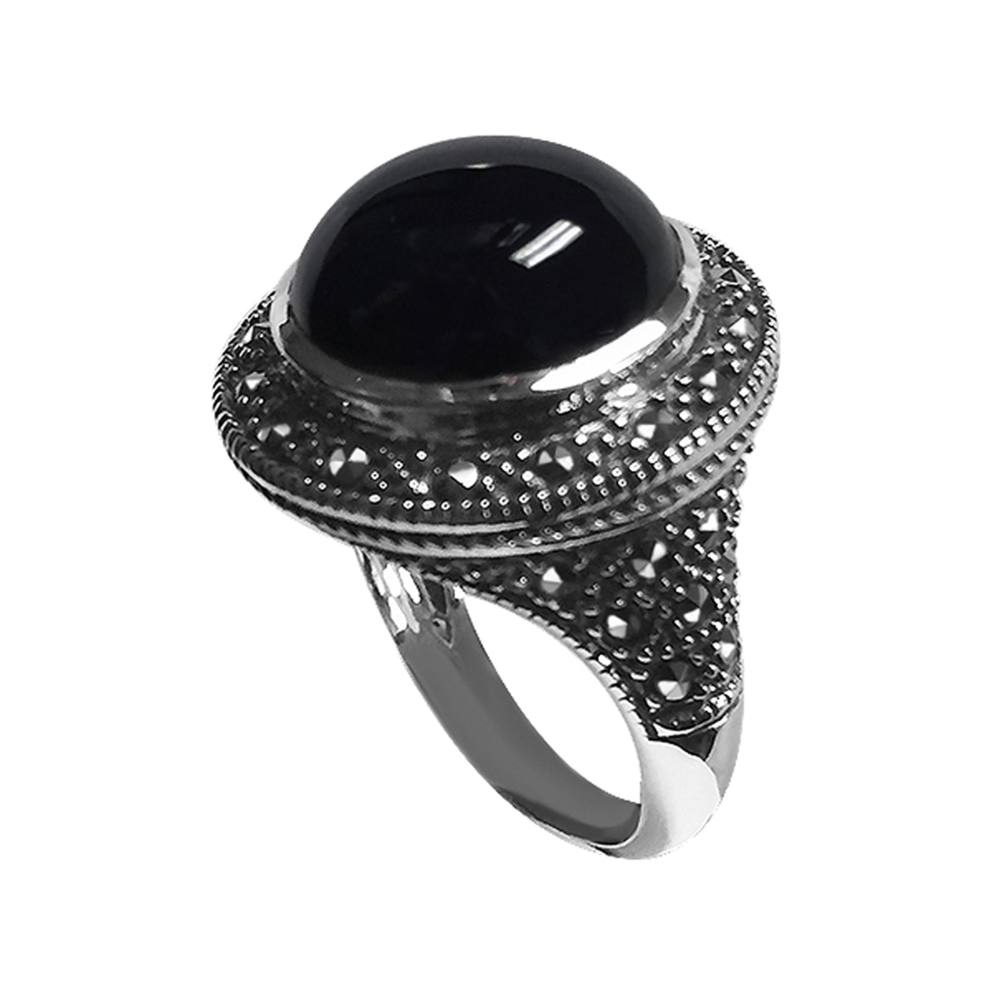 Round Cut w Side Black Onyx Marcasite Birthstone Infinity Sterling Silver Ring