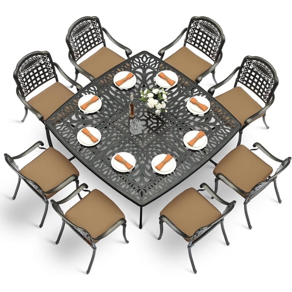 VIVIJASON 9-Piece Outdoor Dining Set, Cast Aluminum Retro Patio Furniture Table and Chairs Set for 8, Include Large 64" Square Dining Table and 8 Chairs with Umbrella Hole for Balcony Garden, Khaki