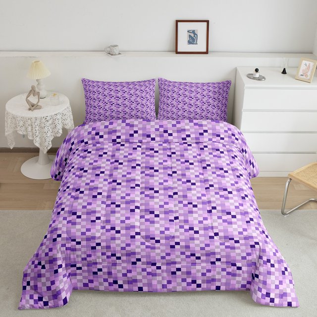 Erosebridal Purple Checkered Bedding Queen Comforter Set, Square Geometric Comforter Sets Queen Size, Abstract Reversible Down Comforter, Ultra Soft Bedroom Decorative, 3pcs