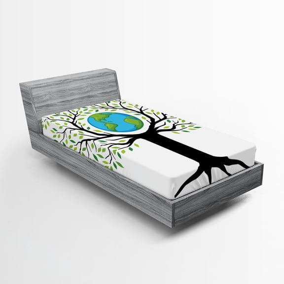 Ambesonne Tree Fitted Sheet, Green Friendly Earth, Twin XL Size, Green Black Blue