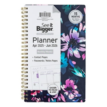 See it Bigger Monthly Weekly Planner Medium (6″ x 8.5″) Blue Floral, 15 month, Apr 2025-Jun 2026