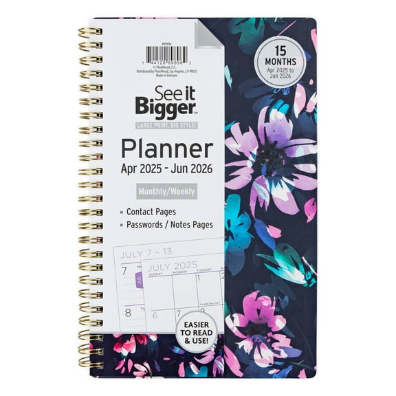 See it Bigger Monthly Weekly Planner Medium (6″ x 8.5″) Blue Floral, 15 month, Apr 2025-Jun 2026