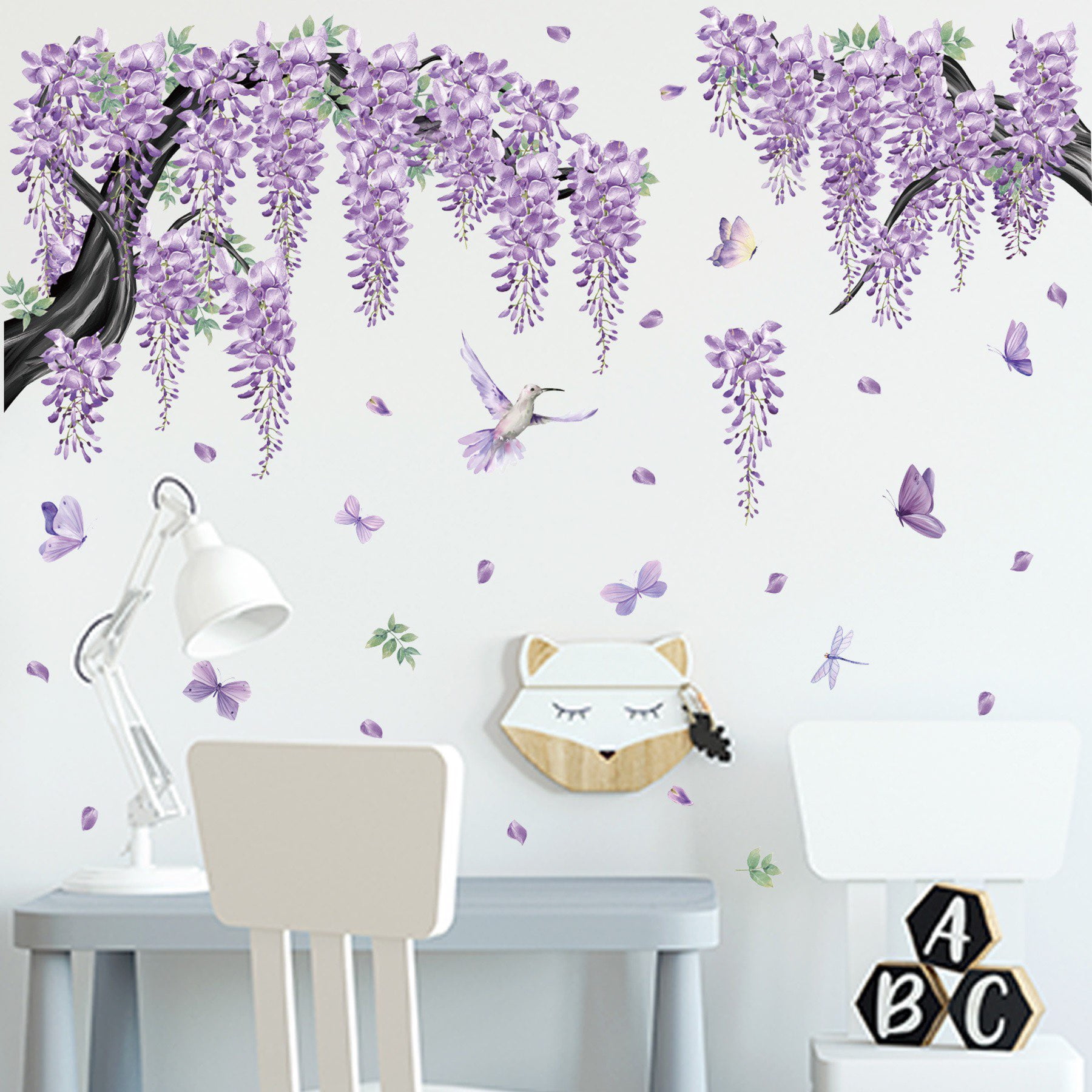 Large Cherry Blossom Tree Wall Stickers,4 Sheets Spring Purple Flower Bird Wall Decals Peel and Stick Waterproof Wall Murals Decor for Living Room Bedroom