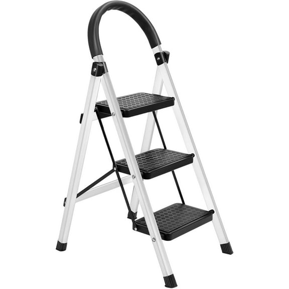 3 Step Ladder,Portable Foldable Step Ladder,Retractable Handgrip Folding Step Stool Ladders with Anti-Slip Wide Pedal, Aluminum 3 Steps, 330lbs Safety Household Ladder White