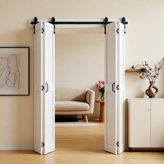 VEVOR Bifold Barn Door, 72" x 84", MDF Bi-Fold Sliding Closet Doors, Header Board and Hardware Kit Included, H-Frame Space-Saving Design, Pre-Assembled Panels, Waterproof & Quiet, White