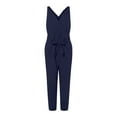 thumbnail image 4 of SELONE Jumpsuits for Women Casual Linen Summer Long Pant Ladies Travel Comfortable Vacation Flowy Rompers Jumpers and Rompers Casual Fashion Solid Color V Neck Lace Cotton and Linen Navy XXL, 4 of 7