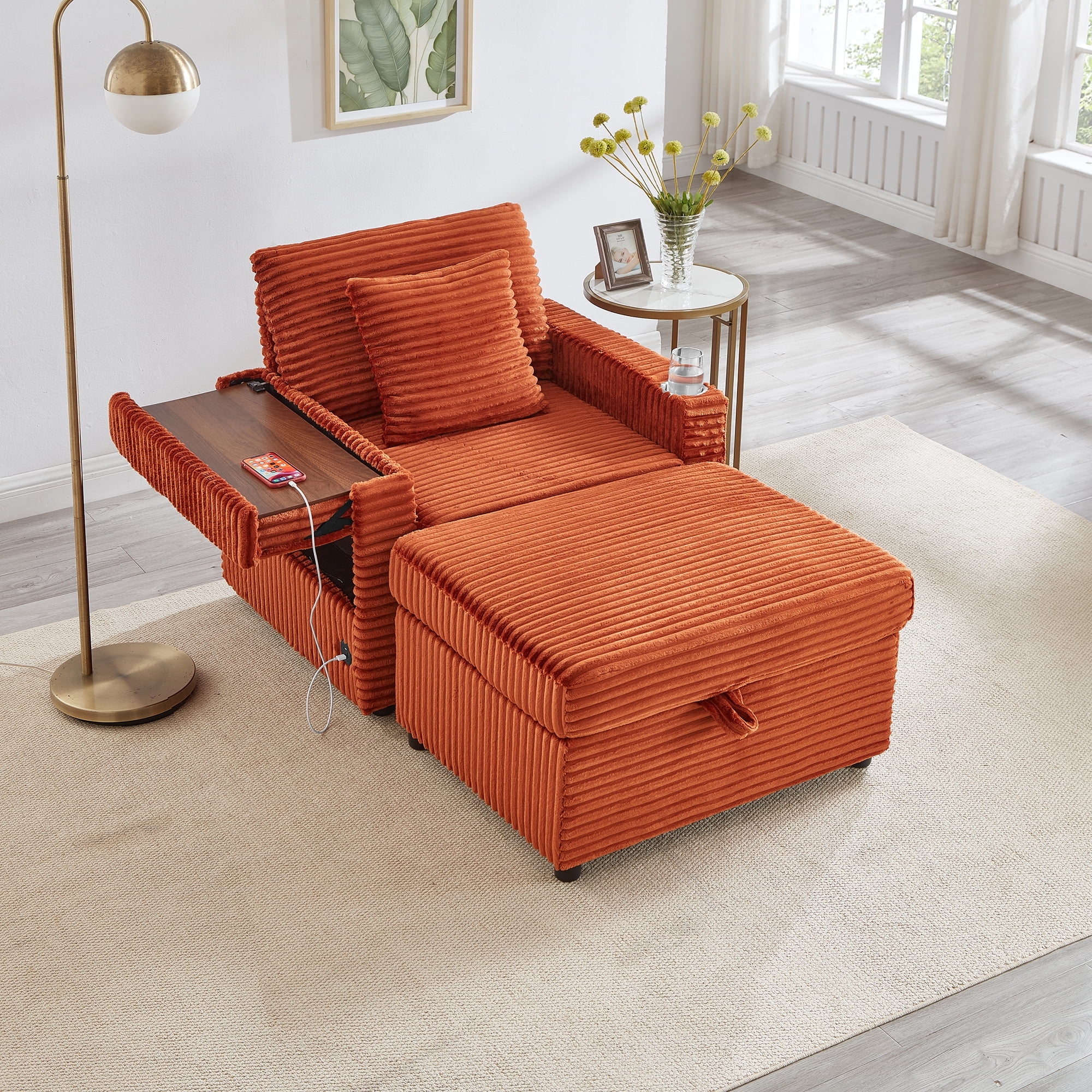 34.5" Soft Chaise Lounge Accent Chair Set with Ottoman, Table Board and Cup Holder