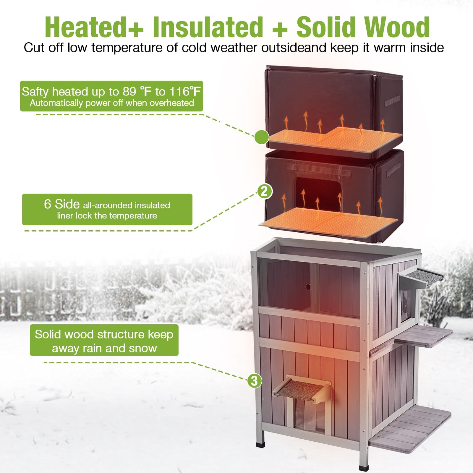 Aivituvin Heated Cat House with Heating Pad & Insulated Liner for Winter, Insulated Outdoor Cat House for Outdoor Indoor, Weatherproof Two Story Cat Shelter for Feral & Stray Cats
