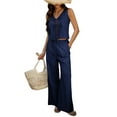 thumbnail image 3 of Womens 2 Piece Outfits V Neck Tie Waist Vest and Wide Leg Casual Pants Sets Navy Blue L, 3 of 9