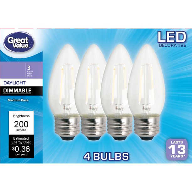 Great Value LED Light Bulb, 3 Watts (25W Equivalent) B10 Deco Lamp E26