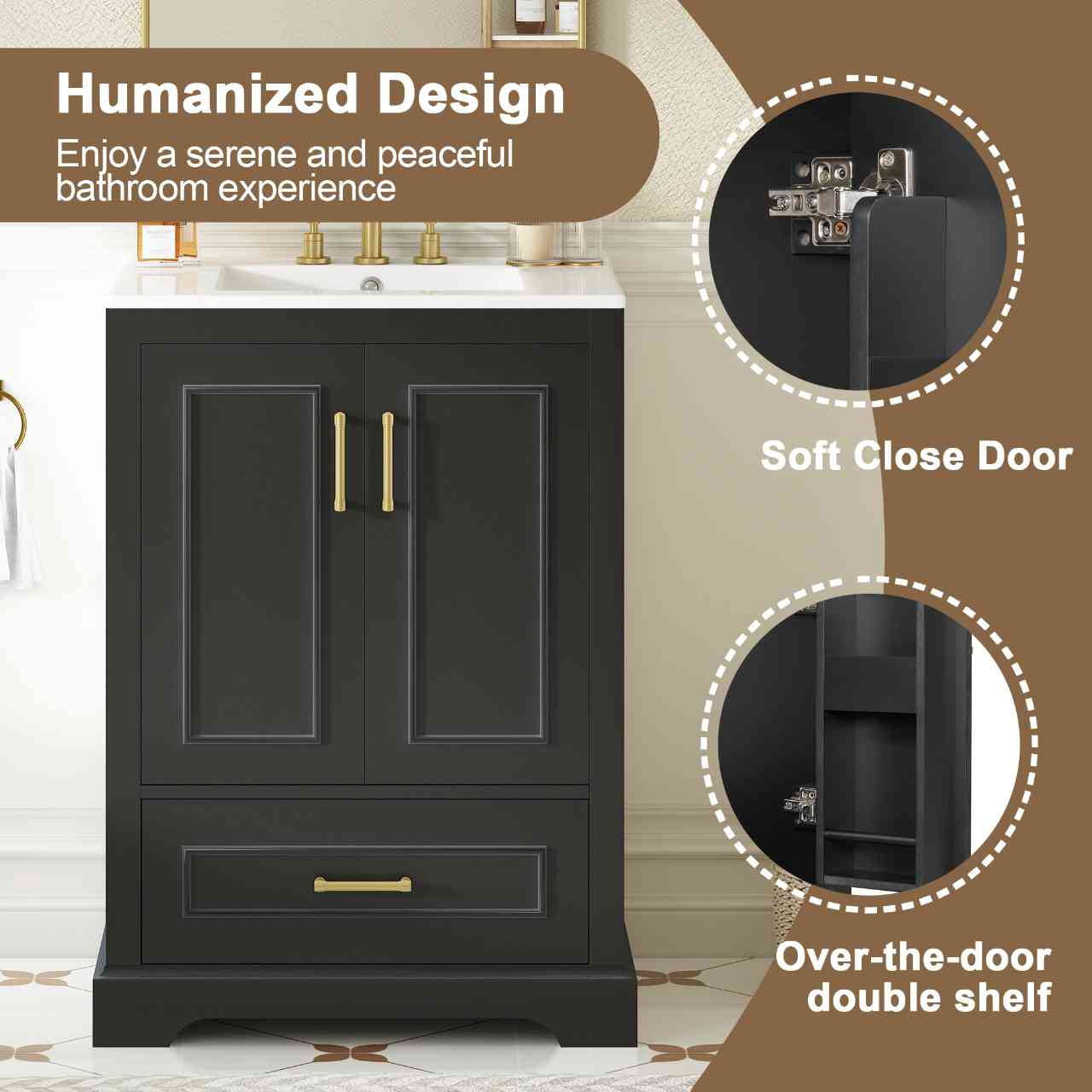 viswild 24" Bathroom Vanity with Sink, Freestanding Cabinet with Divided Drawer & Soft Close Doors, Door Storage Racks, Solid Wood Frame, Black