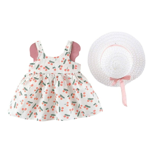 Robe d'Été pour Tout-Petite Fille, Robe d'Été pour Bébé Fille, Couleur Unie Imprimée, Robe à Bretelles avec Chapeau