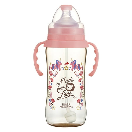 Simba Premium 12 oz PPSU Wide Neck Feeding Bottle with Handle and Weight Straw (Pink, Stage 1 Nipple)